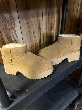 UGG Chestnut Suede Platform Ankle Booties with Shearling